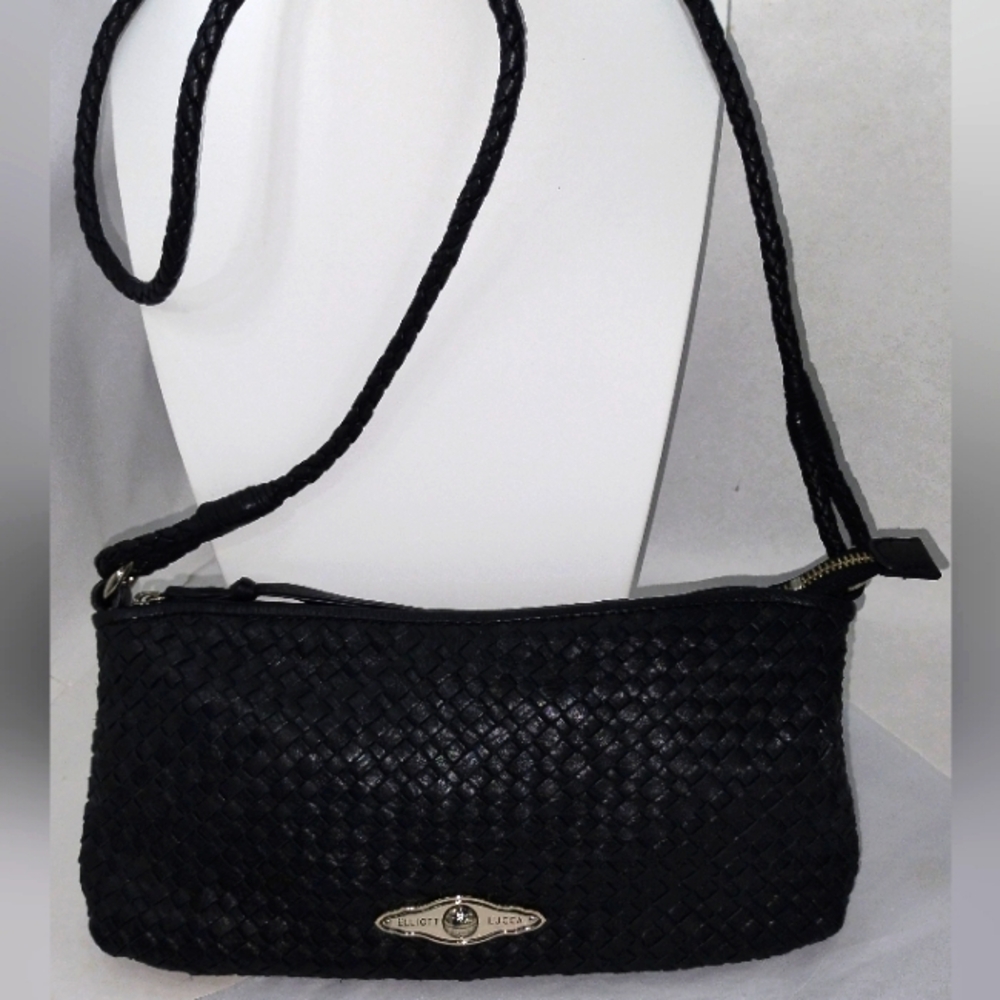 Elliott Lucca Woven Leather Black Crossbody Purse Shoulder Bag